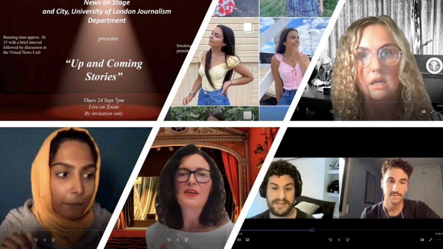 Collage of scenes from the Up and Coming Stories Zoom event, with a title slide and students performing