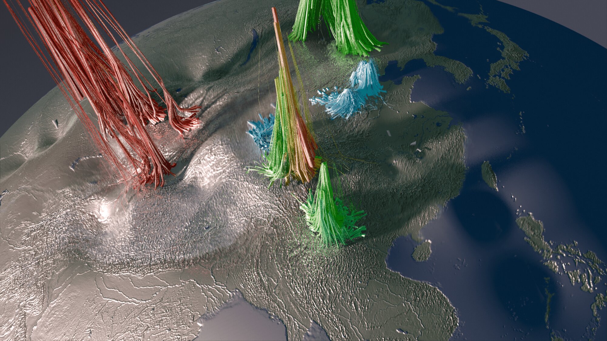 Data visualisation of coloured plumes rising from a textured globe, mapping the energy used in bitcoin mining