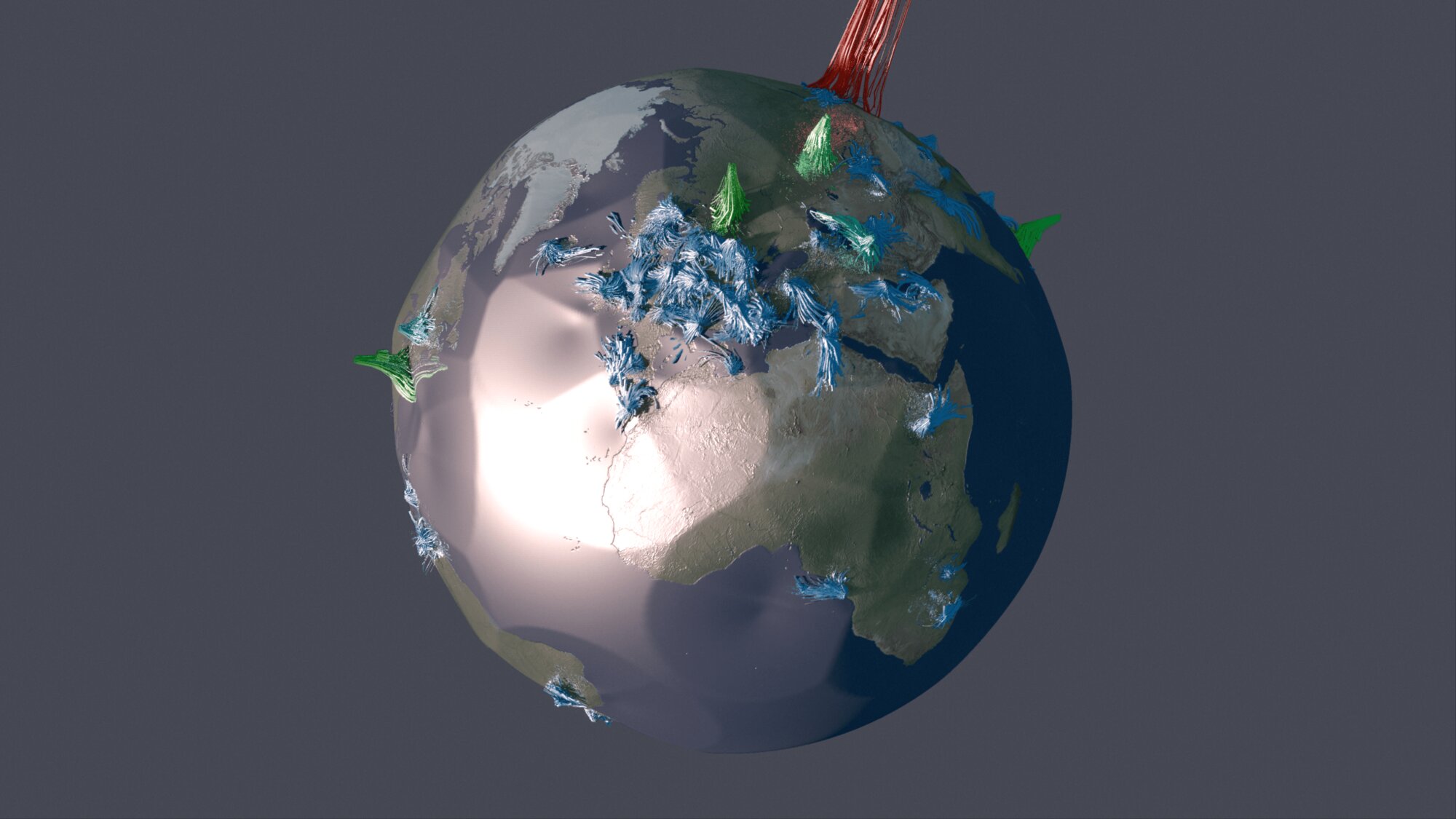 The Earth as a metallic globe with green, blue and red data plumes erupting from different regions