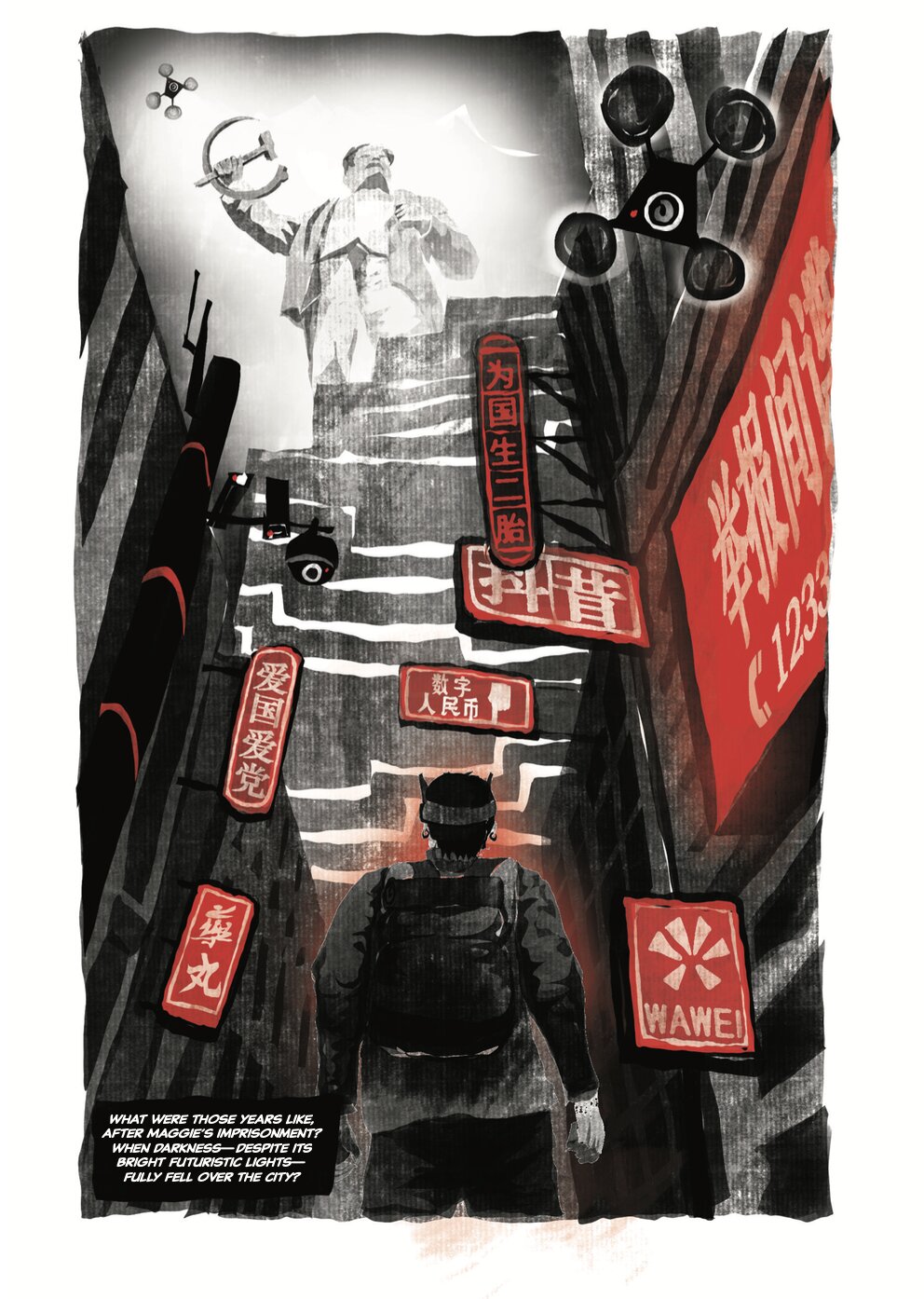 Graphic-novel panel of a figure climbing surveillance-filled steps lined with red Chinese-language signs