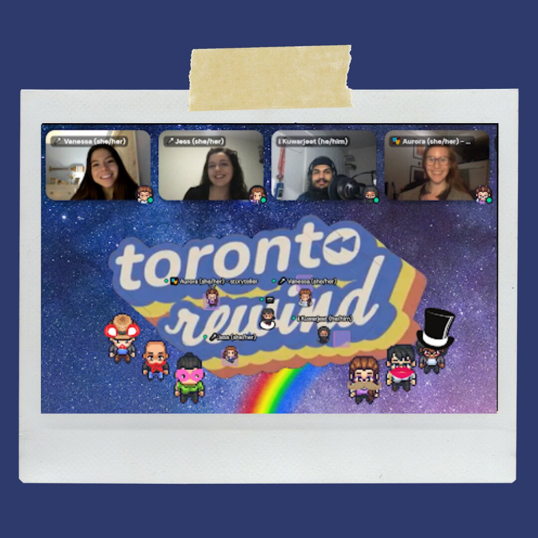 Toronto Rewind virtual venue in the Gather app with video tiles of participants above pixel-art avatars and a starry rainbow backdrop